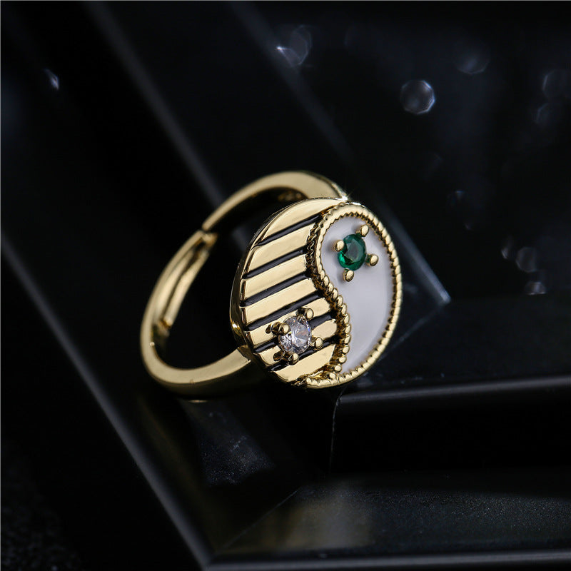 Geometric Drip Oil Brass Ring with Cubic Zirconia Yin Yang Tai Chi Bagua Design for Women