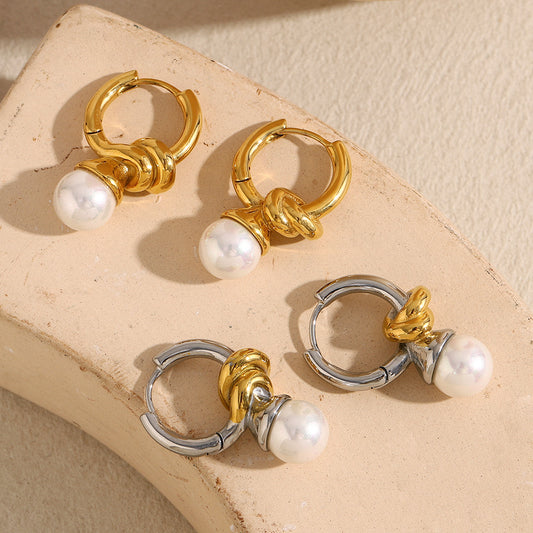 Pendientes de aro con perla y corazón anudado de acero inoxidable chapado en oro de 18 quilates estilo francés vintage para mujer
