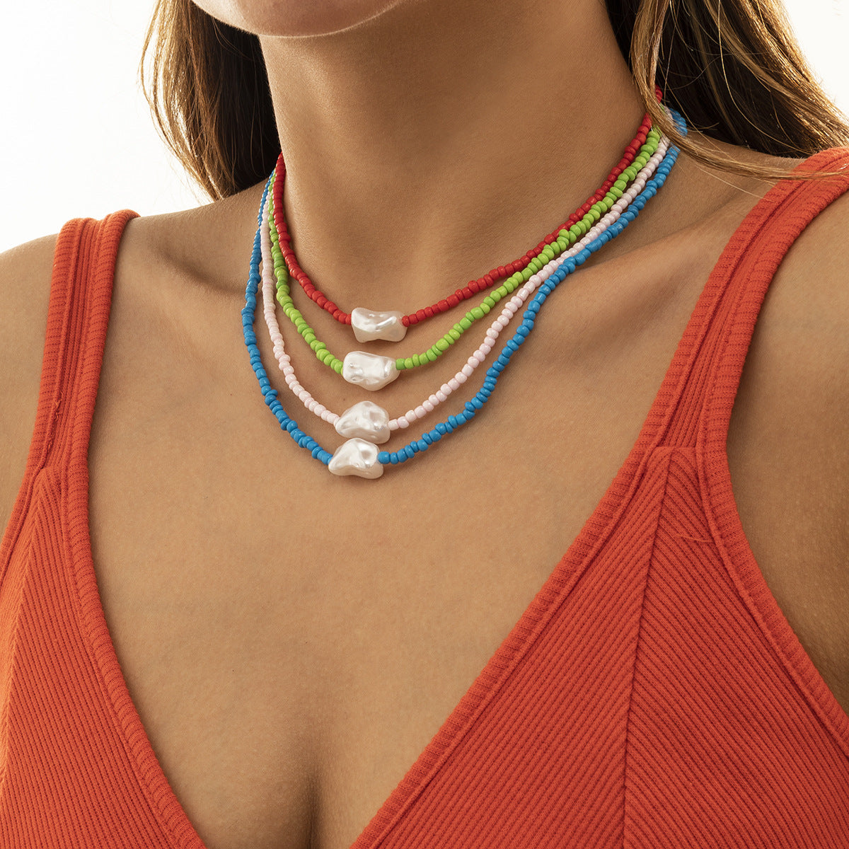 Vintage Minimalist Geometric Imitation Pearl Woven Beaded Necklace