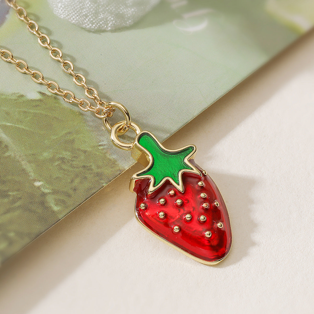 Minimalist 18K Gold Plated Brass Drip Oil Geometric Strawberry Pendant Necklace for Women