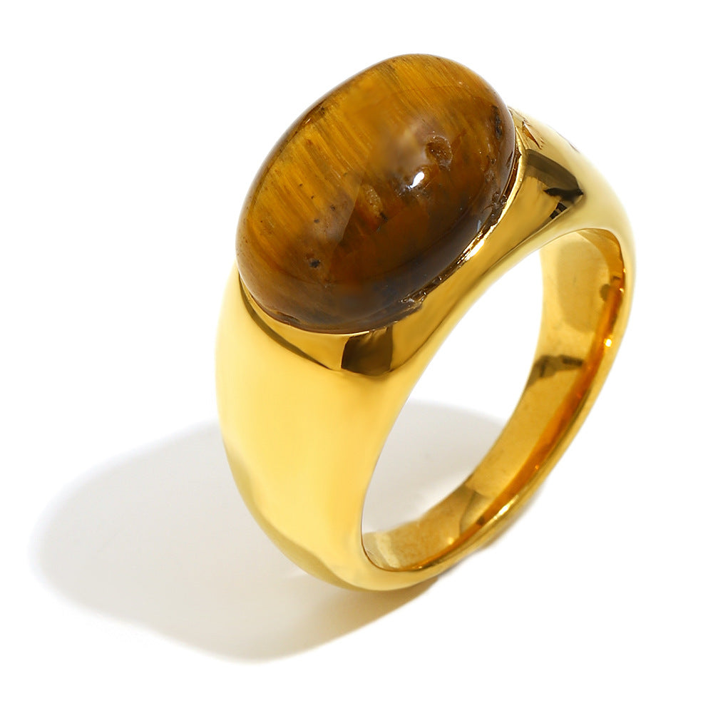 Minimalist Oval Tiger Eye Cross Necklace in Stainless Steel with 18K Gold Plating for Women