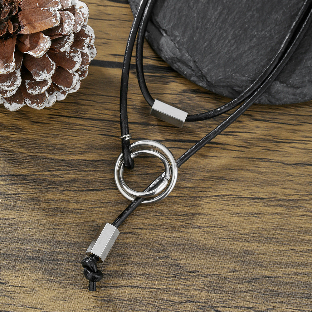 Geometric Round Leather Alloy Pendant Cable Chain Necklace Adjustable Multi-Layer Choker for Unisex