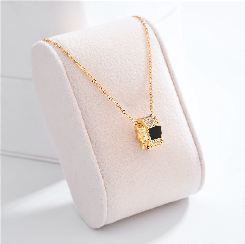 Minimalist 18K Rose Gold Plated Titanium Steel Snake Chain Necklace with Rhinestone and White Mother of Pearl Water Drop Pendant