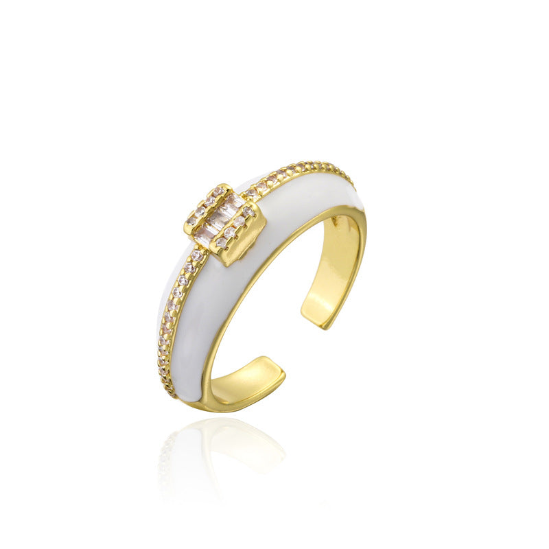 Geometric Micro-inlay Cubic Zirconia Brass Drip Oil Plated 18K Gold Open Ring for Women