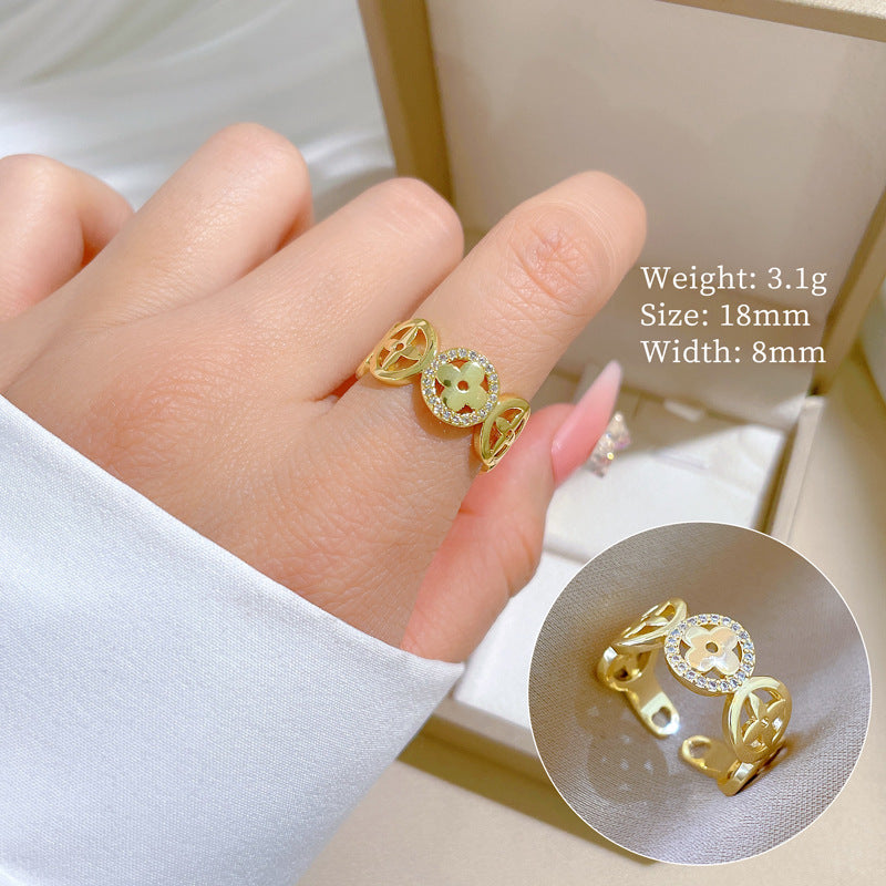 Minimalist Geometric Gold-Plated Brass Open Ring for Women with Crown Shape and Rhinestone Inlay