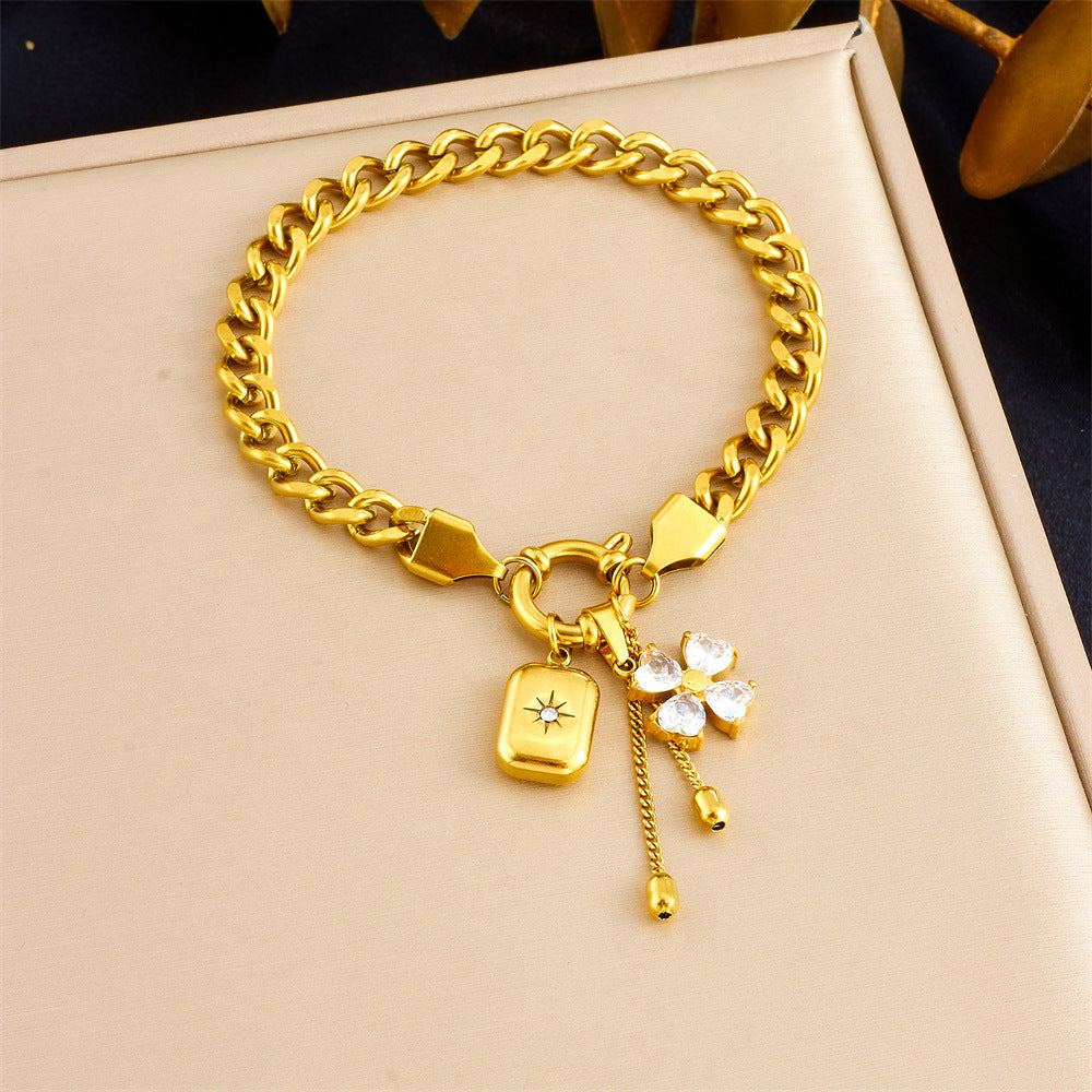 Fashionable Floral Star Square Pendant Necklace Set with Tassel Chain Stainless Steel Plated Women's Jewelry
