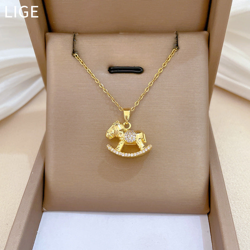 Sweet Geometric Moon Rhinestone Plated Titanium Steel Necklace with Brass Pendant Cable Chain Unisex