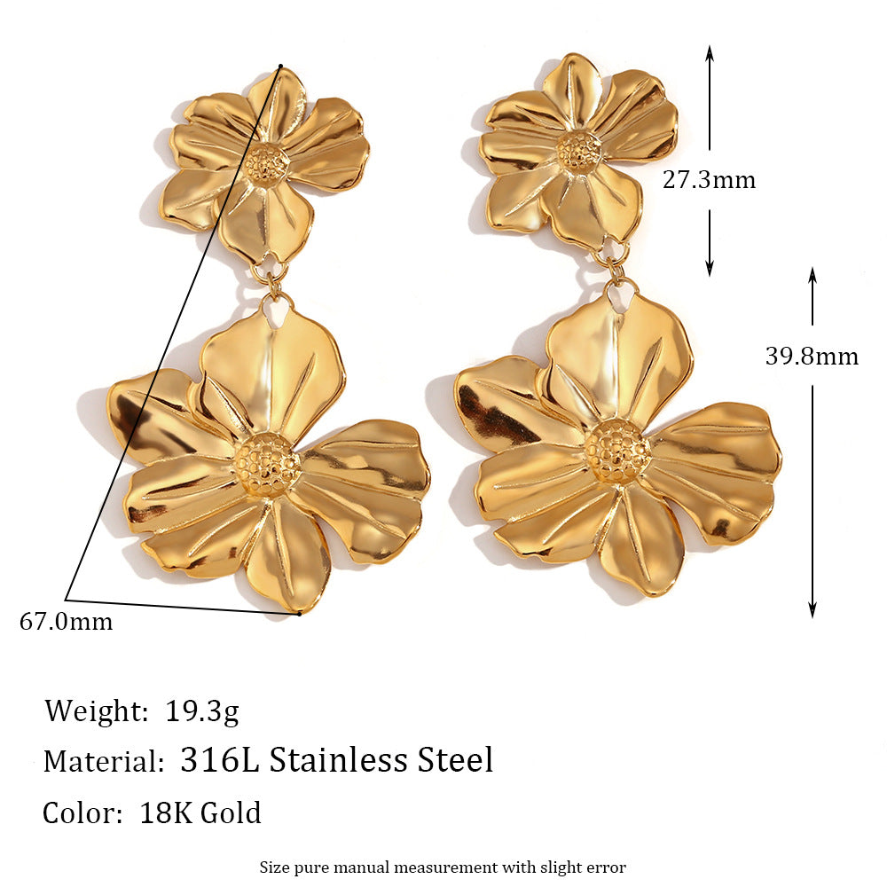 Vintage Fashion Floral Geometric Stainless Steel Earrings with 18K Gold Plating for Women