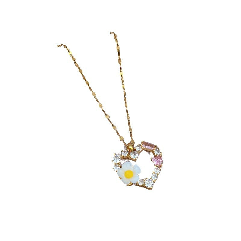 Minimalist Heart-Shaped Titanium Steel Necklace with Micro-Paved Zirconia, Gold-Plated Copper Pendant, Floral and Geometric Design
