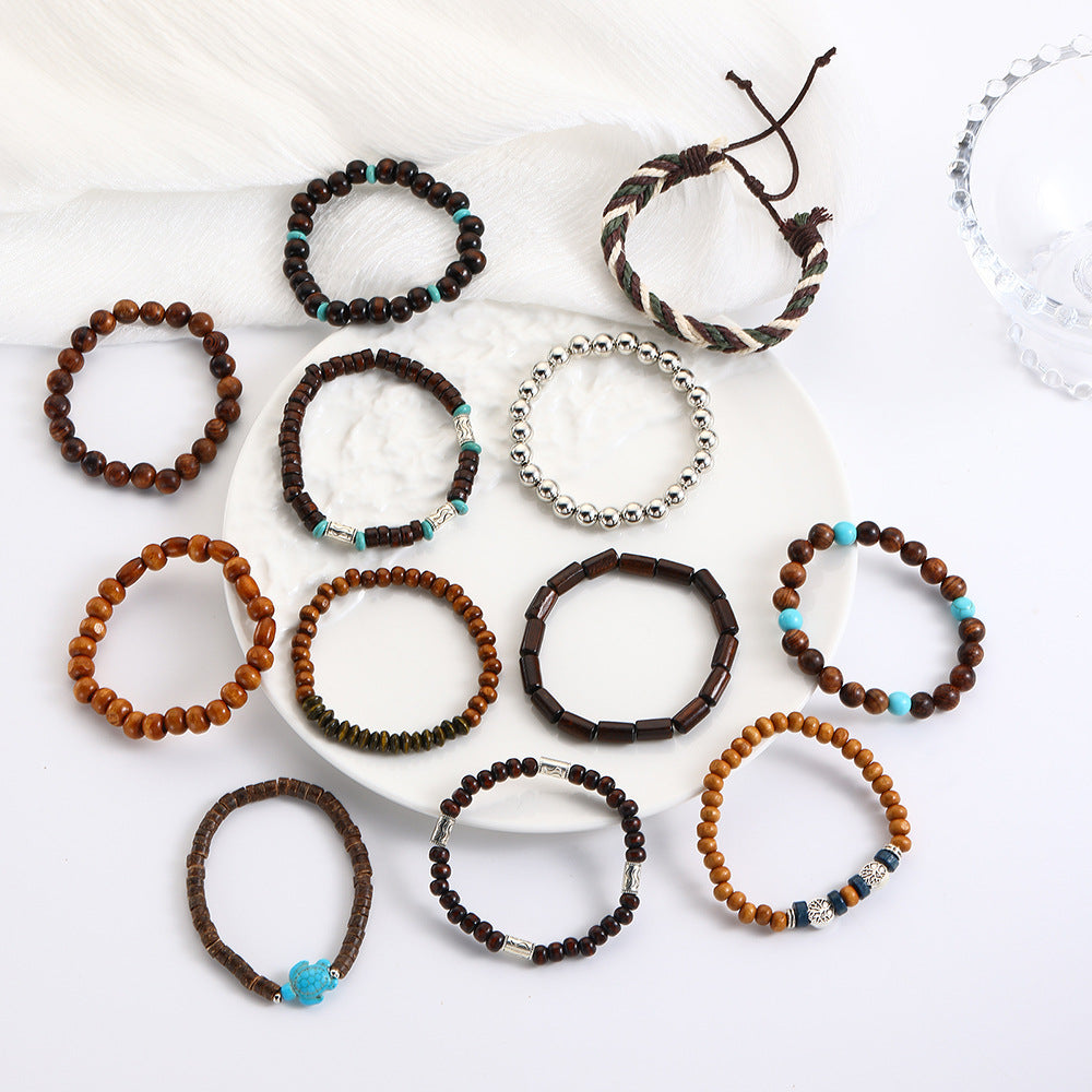 Bracciale Artigianale con Perline per Uomo e Donna con Perle di Legno Pietra Vulcanica Onice Nero Elastico Stile Bohemien Design Geometrico Rotondo