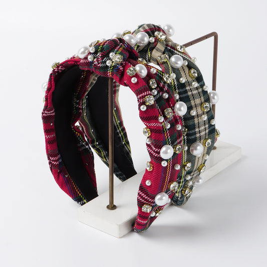 Cerchietto da donna in tessuto a scacchi geometrico con perle, intarsi in strass e fascia larga annodata, stile chic vintage