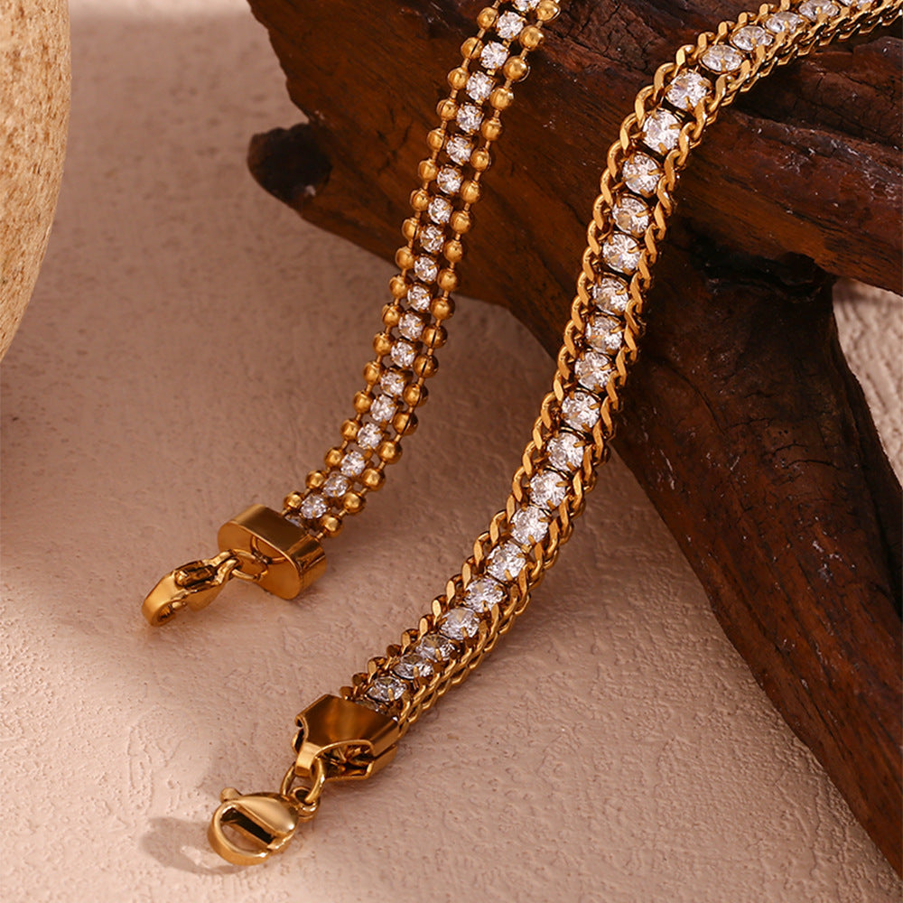 Fashionable Geometric Stainless Steel Plated 18K Gold Triple Twisted Beaded Zirconia Bracelet for Women