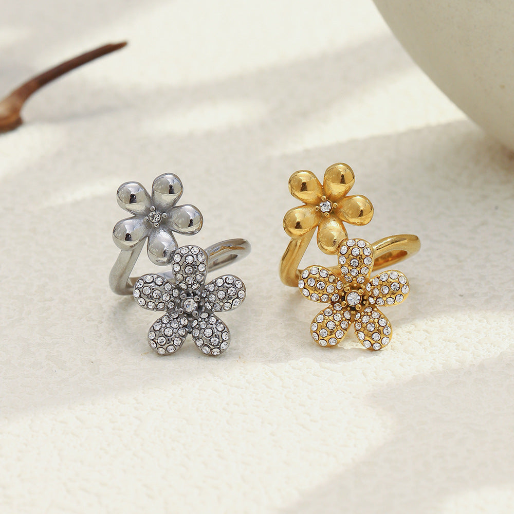 Minimalist Floral Stainless Steel Plated 18K Gold Zirconia Ring for Women