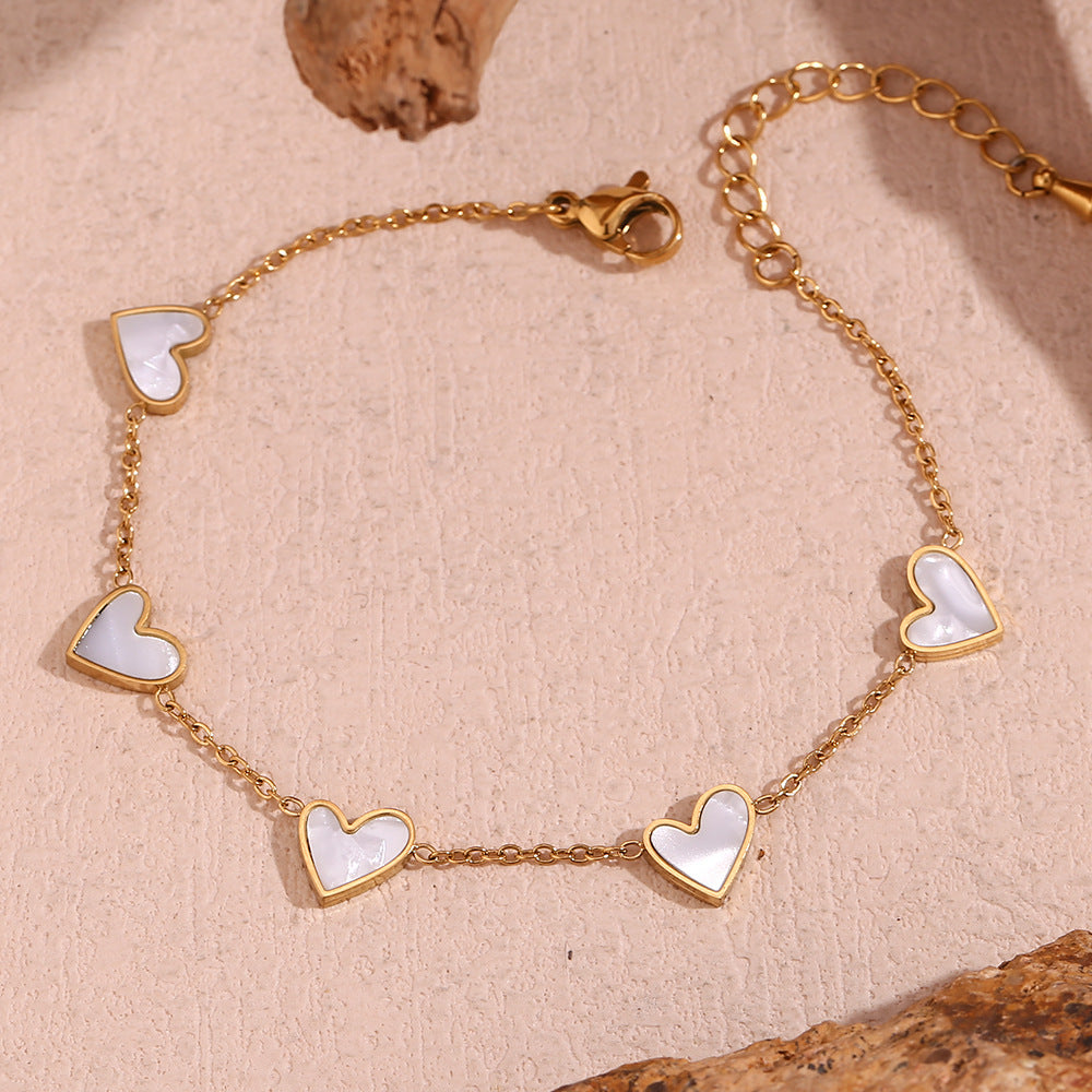 Fashionable Women's Heart-Shaped Stainless Steel Plated 18K Gold White Abalone Bracelet with Geometric Accents