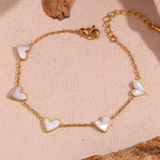 Fashionable Women's Heart-Shaped Stainless Steel Plated 18K Gold White Abalone Bracelet with Geometric Accents