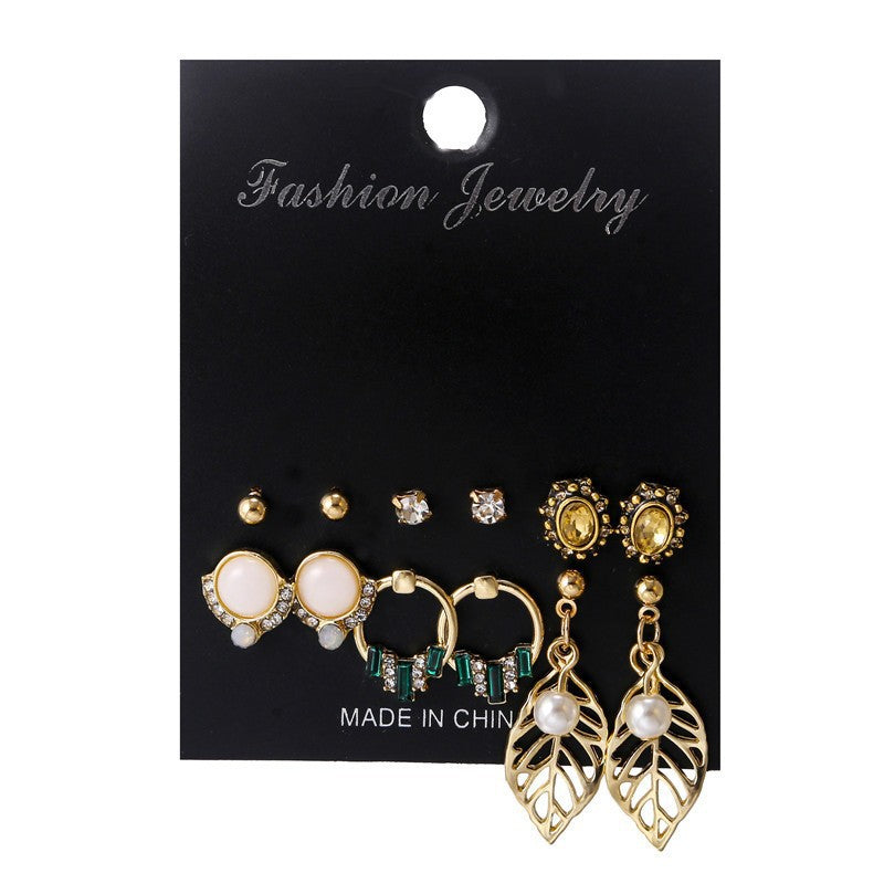 Vintage Geometric Leaf Compass Hollow Rectangle Round Stud Earrings Set Alloy Plated Micro-inlay Unisex