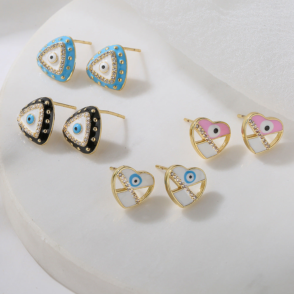 Geometric Eye-Shaped Enamel Zirconia Earrings for Women in Copper with 18K Gold Plating