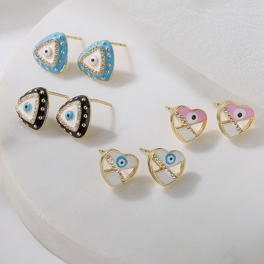 Pendientes de circonia esmaltados con forma de ojo geométrico para mujer en cobre con chapado de oro de 18 quilates