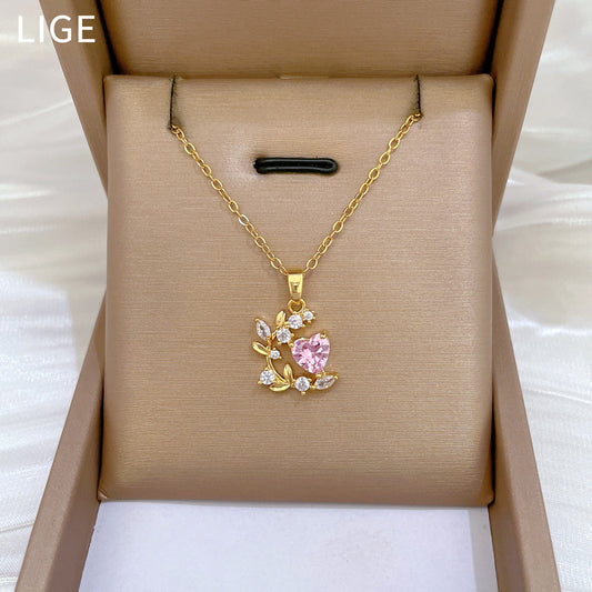 Heart Leaf Zircon Luxury Elegant Titanium Steel Collar Chain Necklace for Unisex