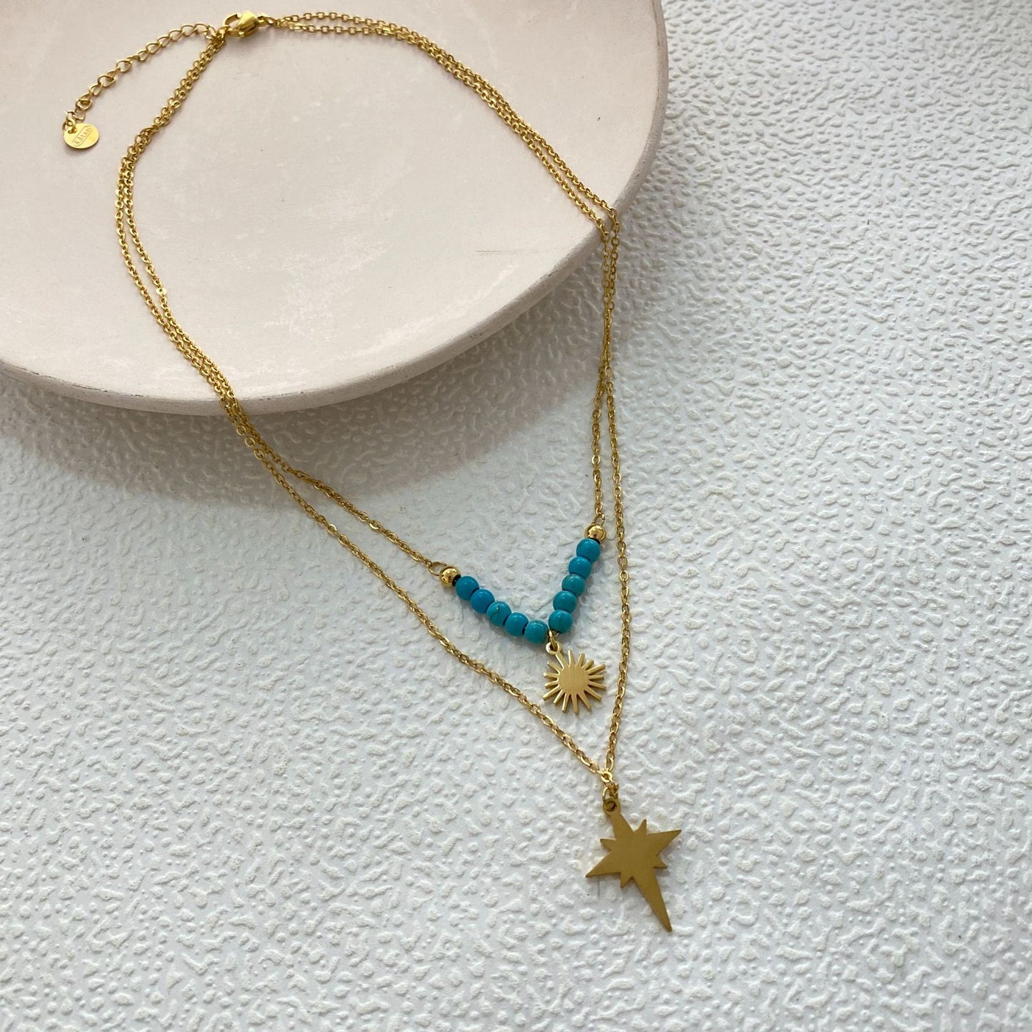 Luxury Geometric Sunflower Turquoise Inlay Titanium Steel Necklace Double Layer Cable Chain Unisex