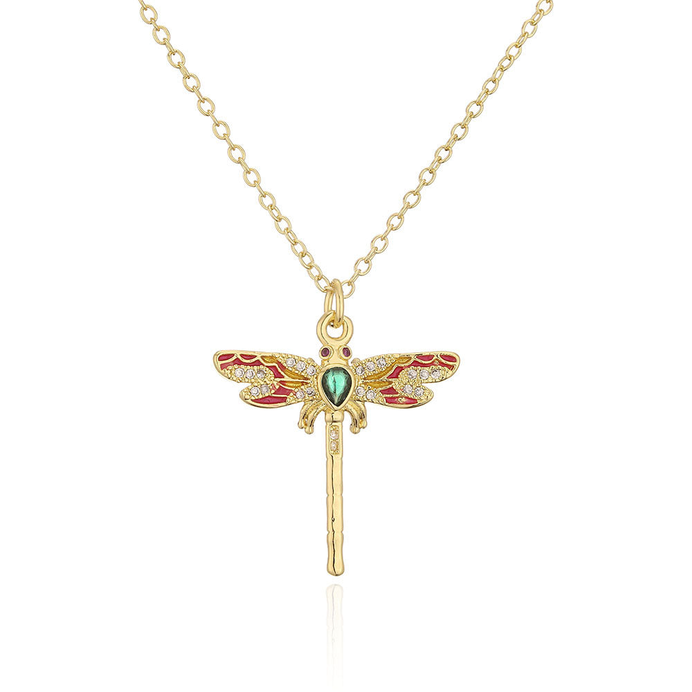 Minimalist Dinosaur Leopard Head and Dragonfly Pendant Necklace in Copper with 18K Gold Plating and Zircon Inlay