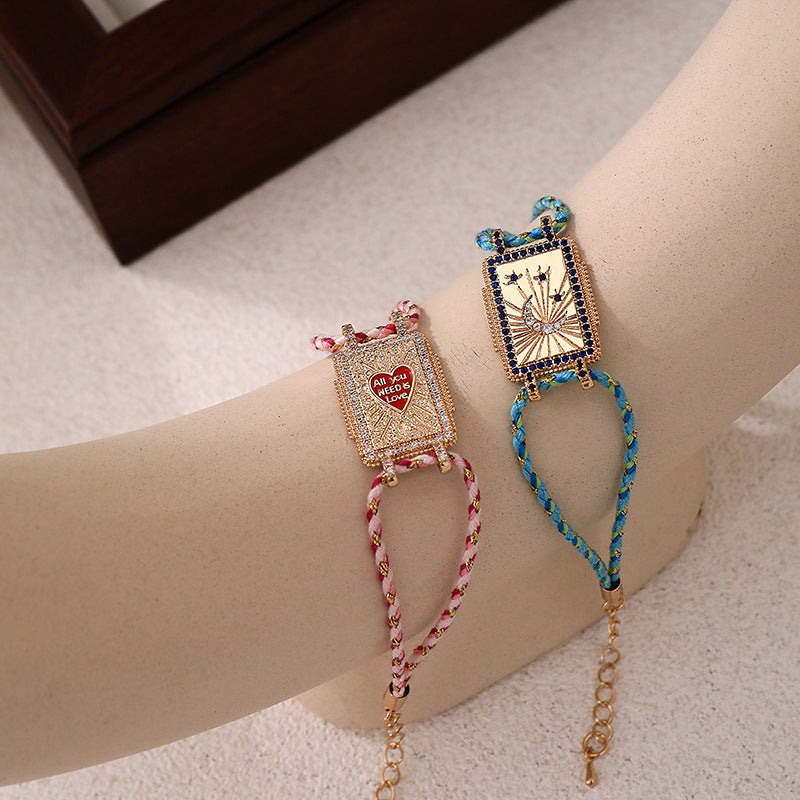Collana con Ciondolo a Carta dei Tarocchi Bohémien Vintage con Motivi a Cuore e Luna in Rame Placcato