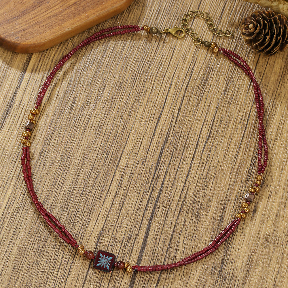 Vintage Geometric Square Wood Beaded Necklace Double Layer Brown Cable Chain Unisex