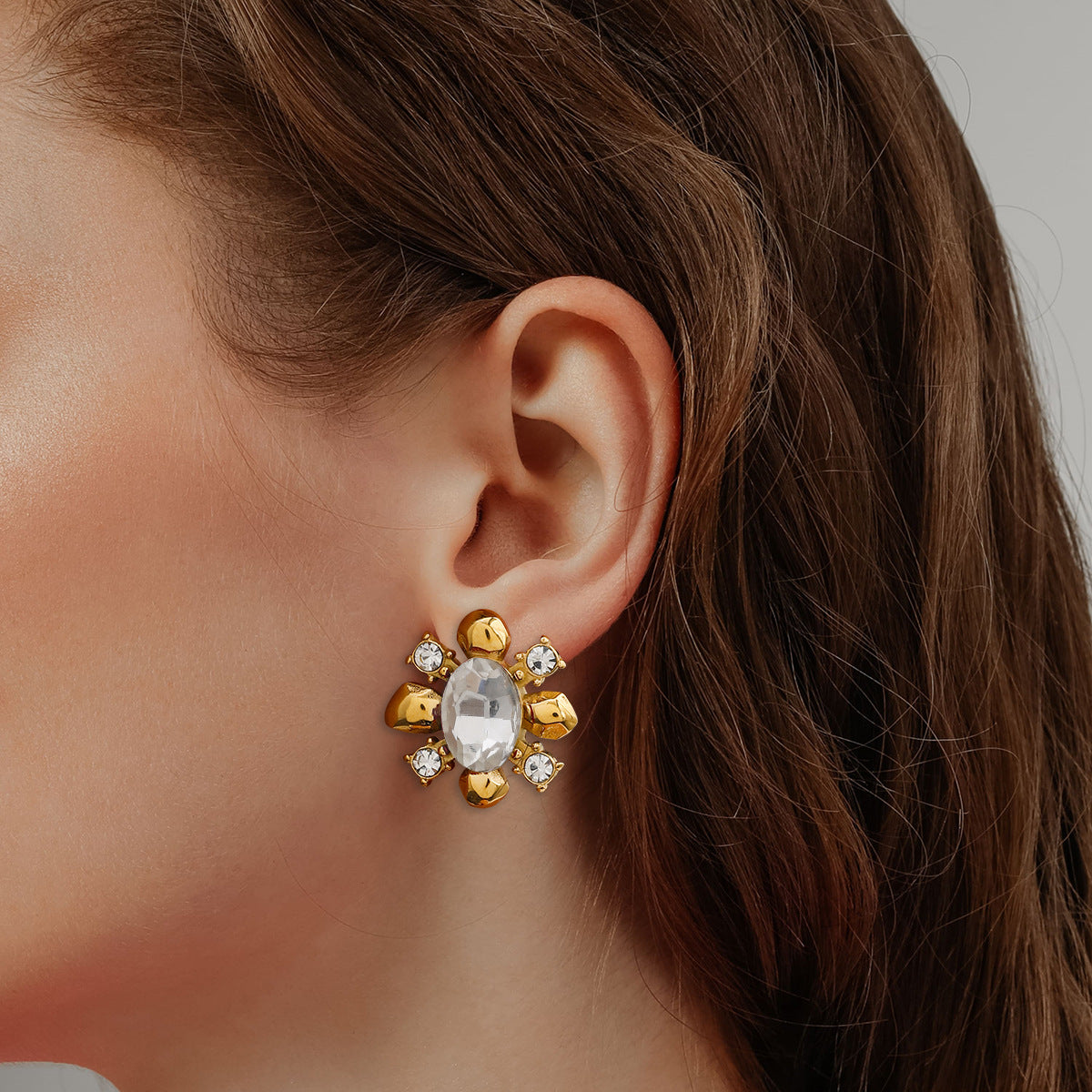 Orecchini a perno rotondi da donna in acciaio inossidabile placcato oro 18 carati con zirconi geometrici di moda