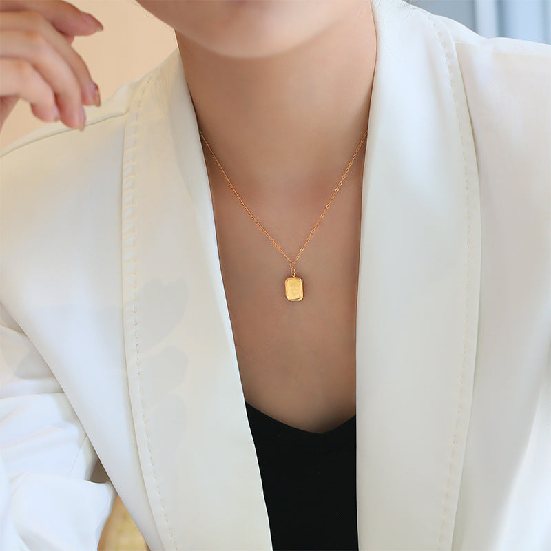 Minimalist Square Chocolate-Inspired Titanium Steel Necklace with Geometric Frame Pendant on Wavy Chain for Women and Men