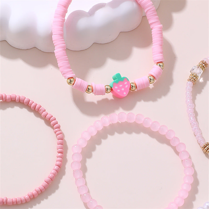 Juego de Pulseras Infantiles Hechas a Mano con Dijes de Mariposa y Fresa, Cuentas de Resina y Acentos de Cristal Blanco Estilo Princesa para Niñas de 6 a 10 Años