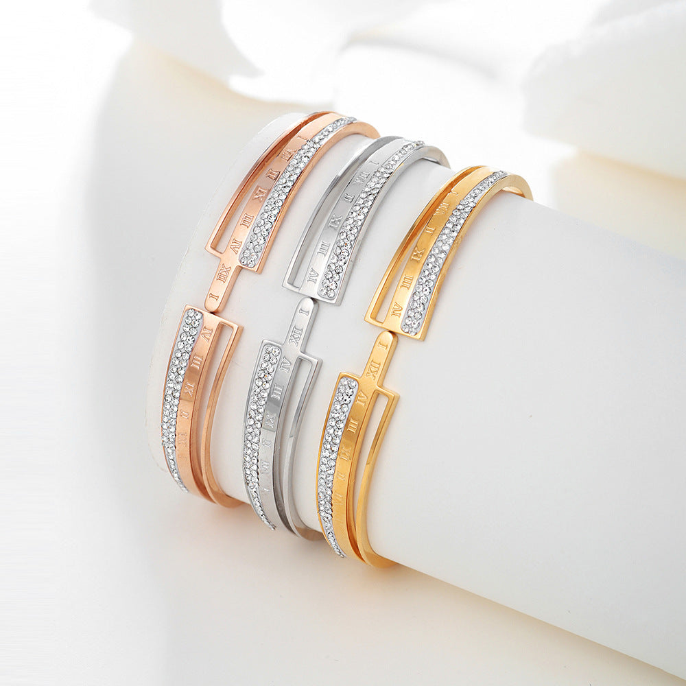 Minimalist Titanium Steel Rhinestone Inlay Geometric Round Letter Number Hollow Spring Cuff Bracelet