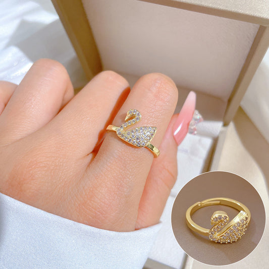 Anello nuziale regolabile a forma di cigno per donna con intarsio completo di strass, anello a fascia minimalista in stile giapponese