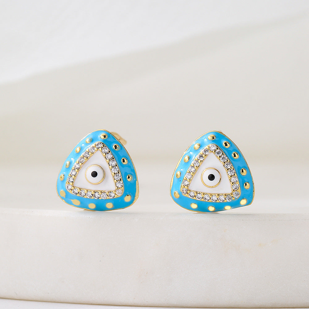 Geometric Eye-Shaped Enamel Zirconia Earrings for Women in Copper with 18K Gold Plating