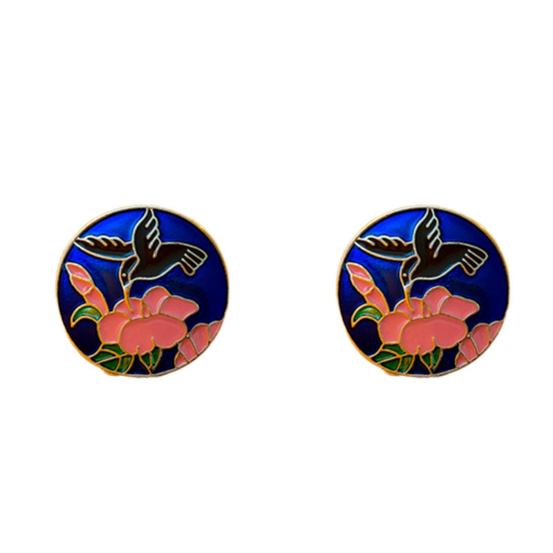 Pendientes de tuerca de metal esmaltado floral vintage con postes de acero para mujer, diseño retro de círculo botánico