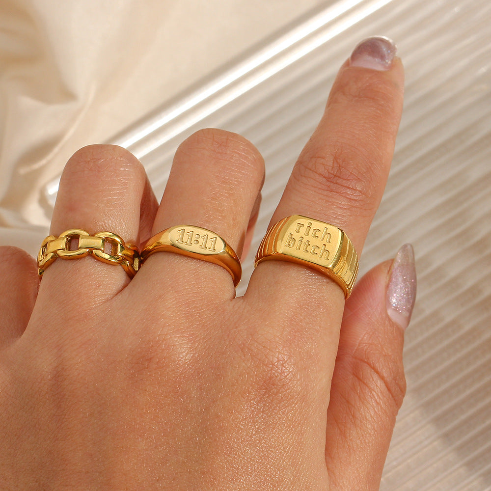 Anillo ovalado de acero inoxidable chapado en oro de 18 quilates minimalista para mujer con diseño numérico 11:11