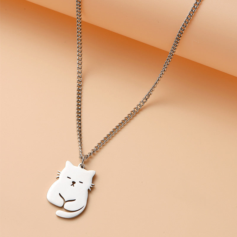 Simpatica collana con ciondolo a forma di gatto in acciaio al titanio con design geometrico, finitura galvanizzata, stile fresco e dolce per le donne