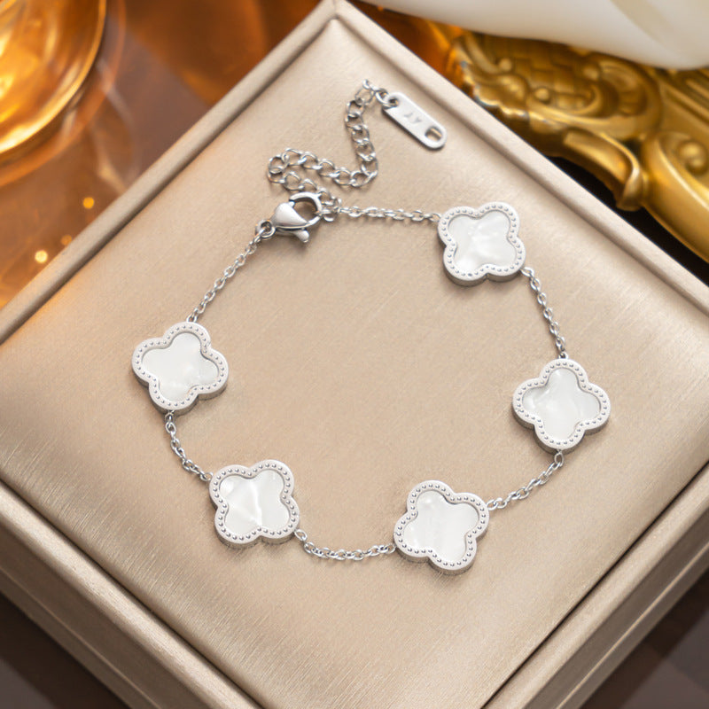 Fashion 18K Rose Gold Plated Titanium Steel Four-Leaf Clover Rhinestone Bracelet for Women