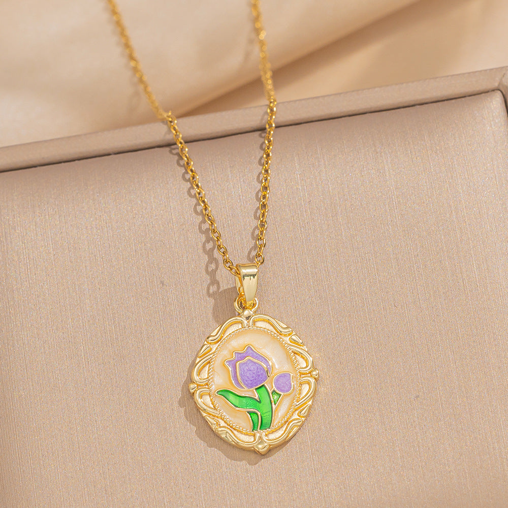 Baroque Style Leaf-Shaped Titanium Steel Necklace with Tulip Floral Motif, Vacuum-Plated for Hypoallergenic Wear, O-Chain Design