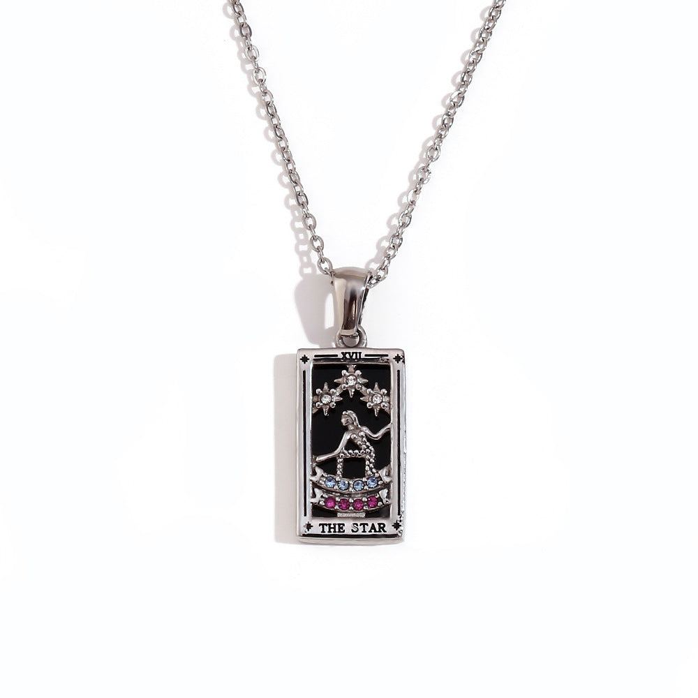 Vintage Tarot Card Pendant Necklace for Women Stainless Steel with 18K Gold Plating Geometric Four-Sided Design Fashion Office Style