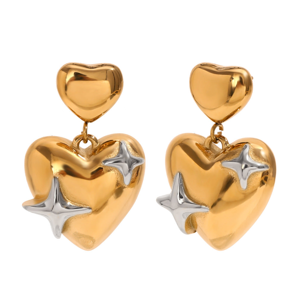 Fashionable Minimalist Star and Heart Shape Stainless Steel Earrings with 18K Gold Plating for Women