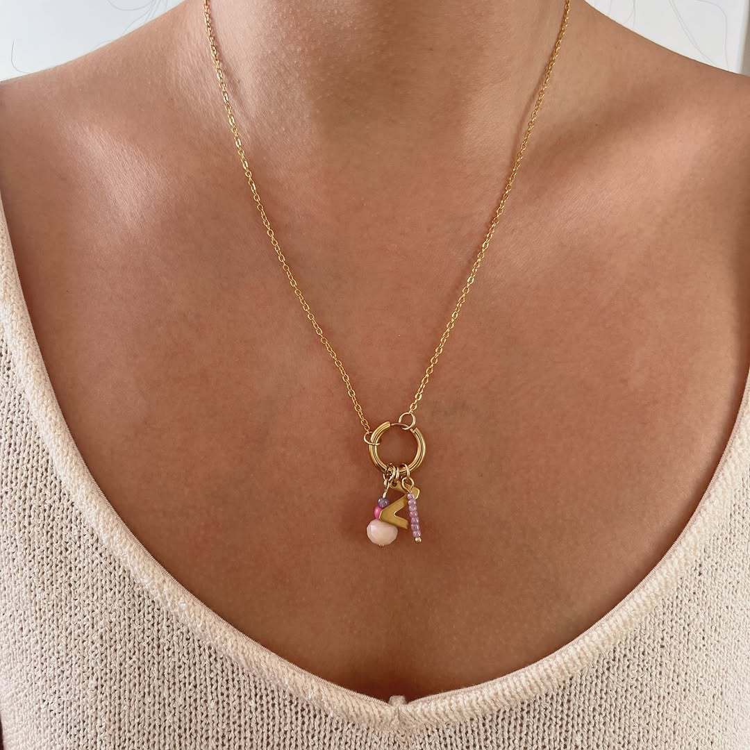18K Gold Plated Oval Acrylic Pendant Stainless Steel PVD Ball Chain Necklace Charm Bar