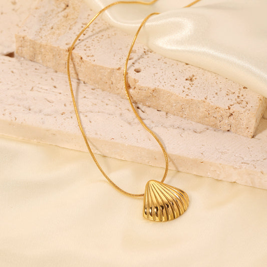 Minimalist Shell-Shaped Pendant Necklace in Stainless Steel with Titanium Steel Inlay and Electroplated Finish for Women