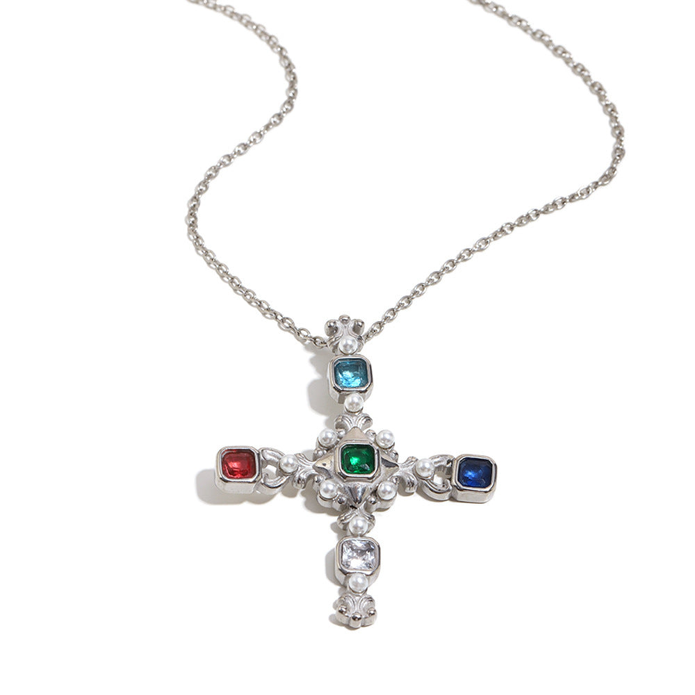 Collana Pendente Croce Vintage di Lusso da Donna in Acciaio Inossidabile con Placcatura in Oro 18K Forma Geometrica Perla Simulato e Intarsio Zircone