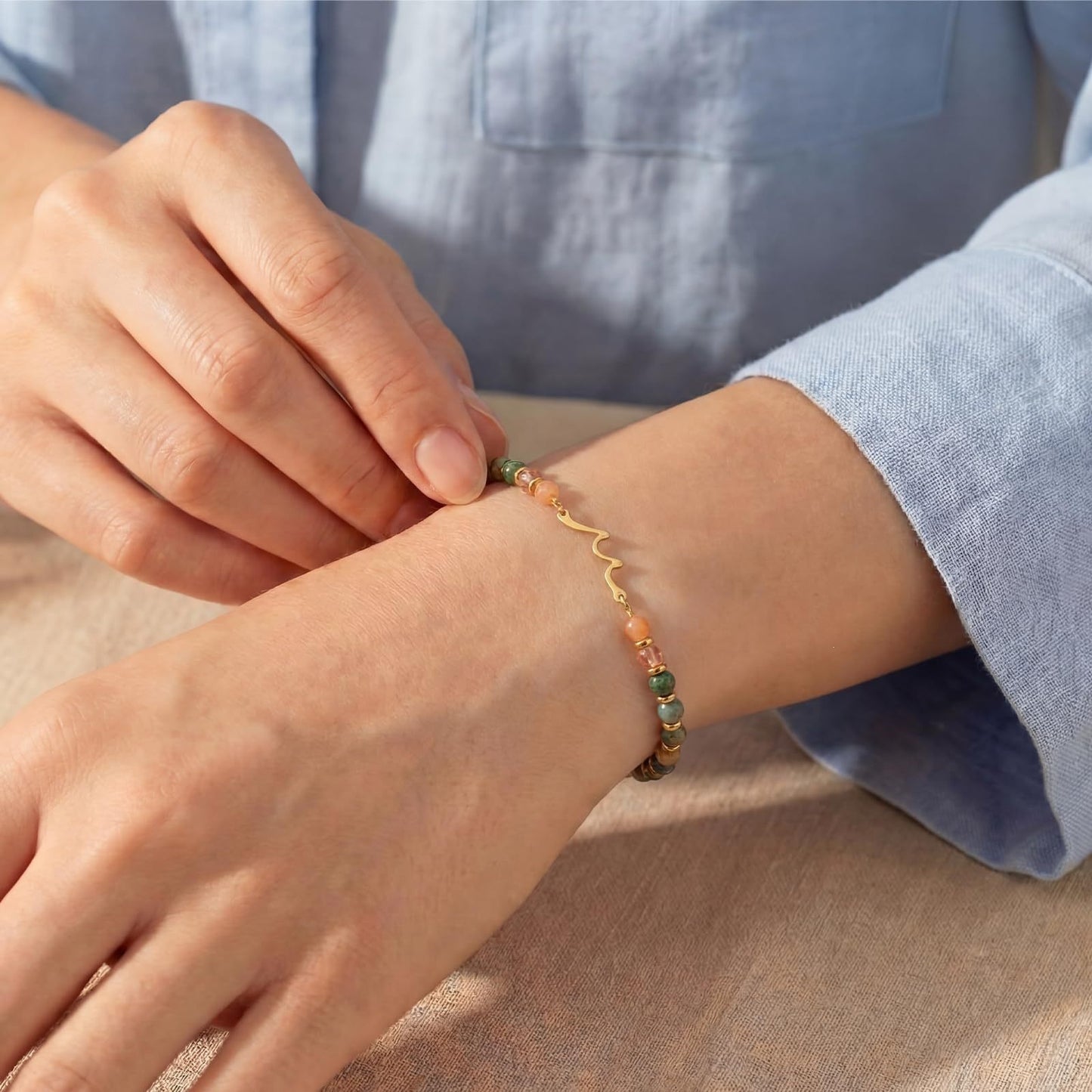 Natural Stone Stainless Steel Wave Bracelet for Women