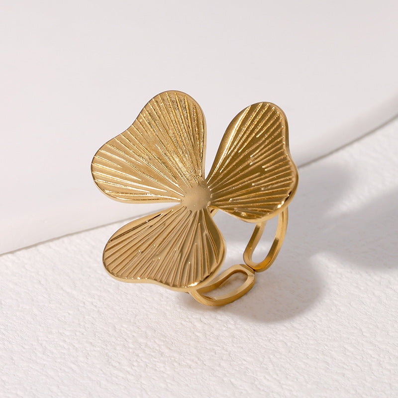 Anello aperto da donna minimalista floreale in acciaio inossidabile con finitura placcata