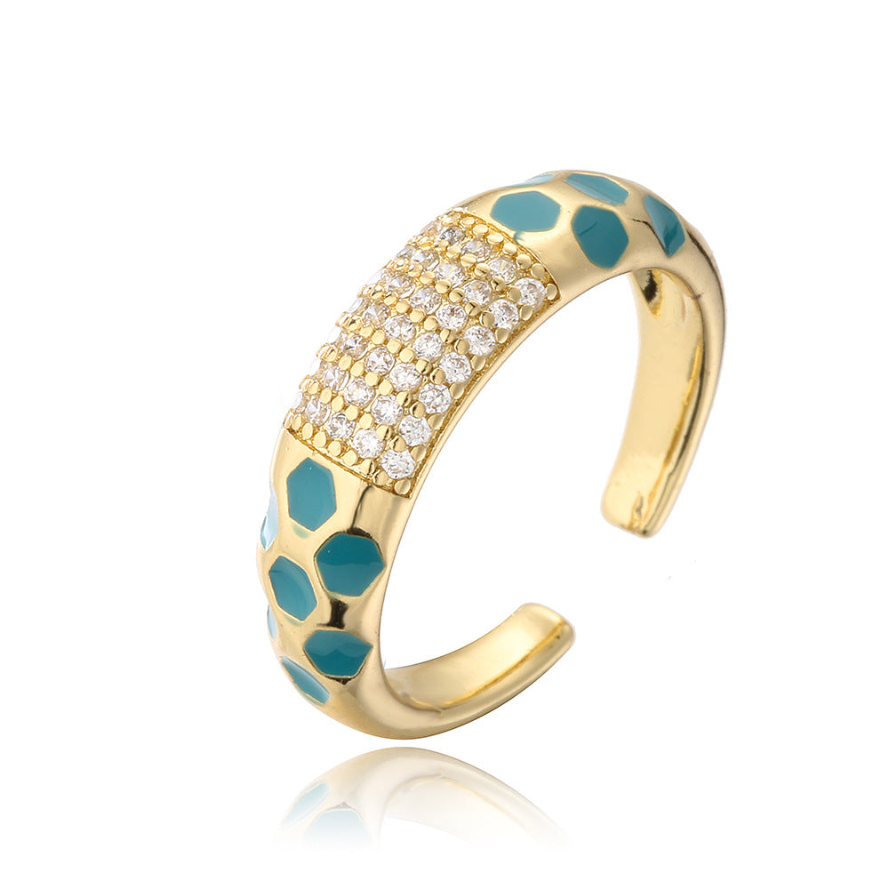 Minimalist Geometric Open Ring for Women in Brass with 18K Gold Plating and Colored Zircon Inlay
