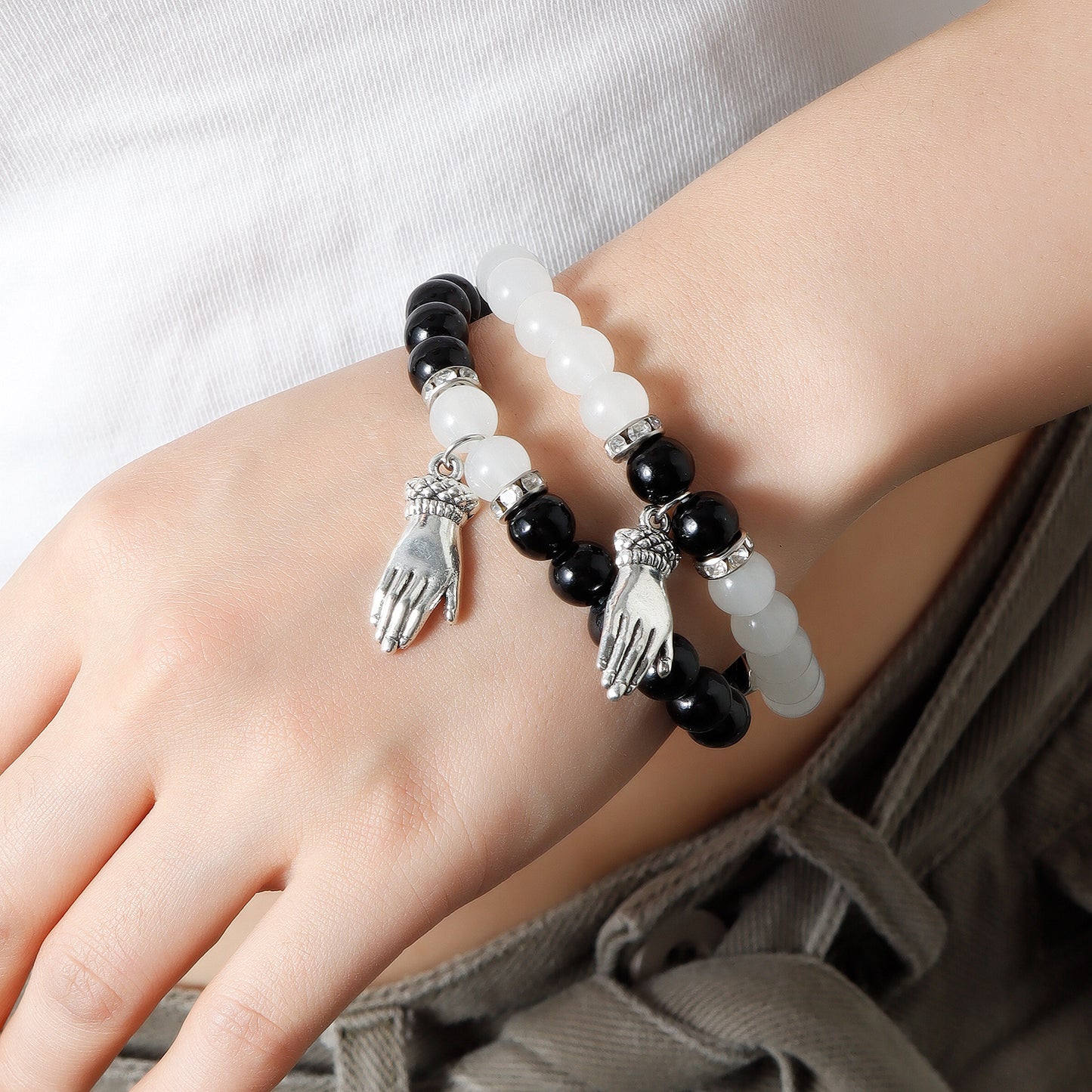 Geometric Style Magnetic Crystal Beaded Friendship Bracelet Set for Couples with Plated Metal Construction