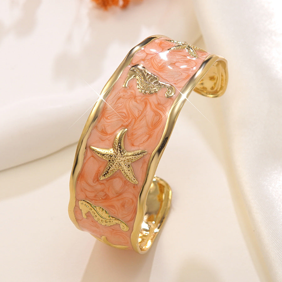 Elegant Drip Oil Stainless Steel Animal Cuff Bracelet with Starfish and Seahorse Design