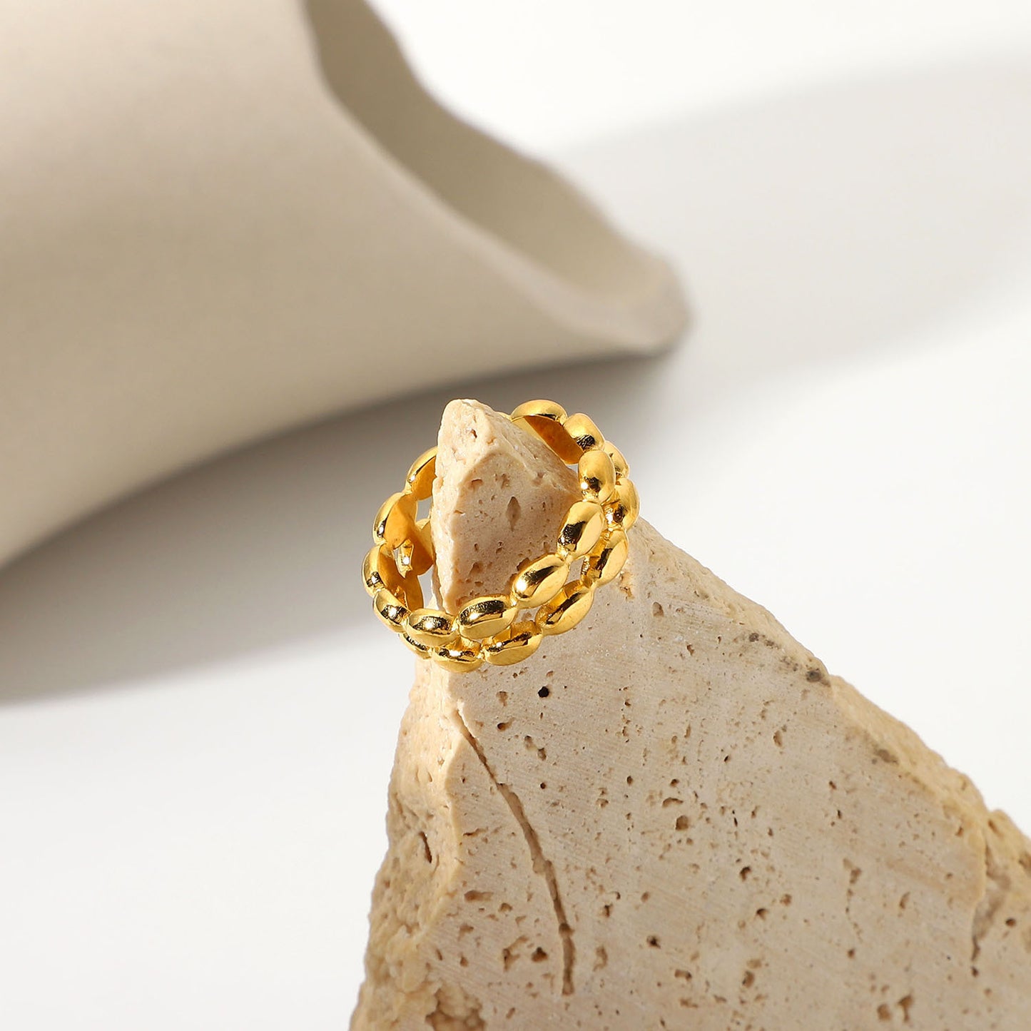 Fashion Ins Style 18K Gold Plated Double Layer Oval Geometric Stainless Steel Open Ring for Women