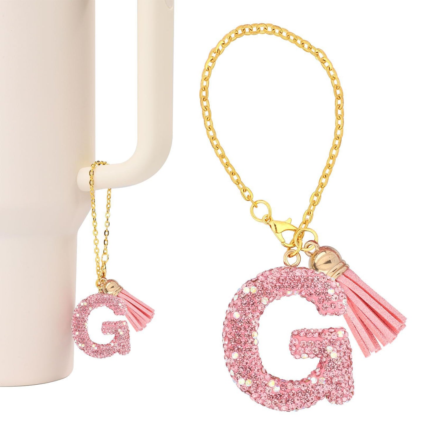 Minimalist Geometric Letter Ceramic Pendant with Gold Adjustable Chain Pink Tassel and Glitter Sequins